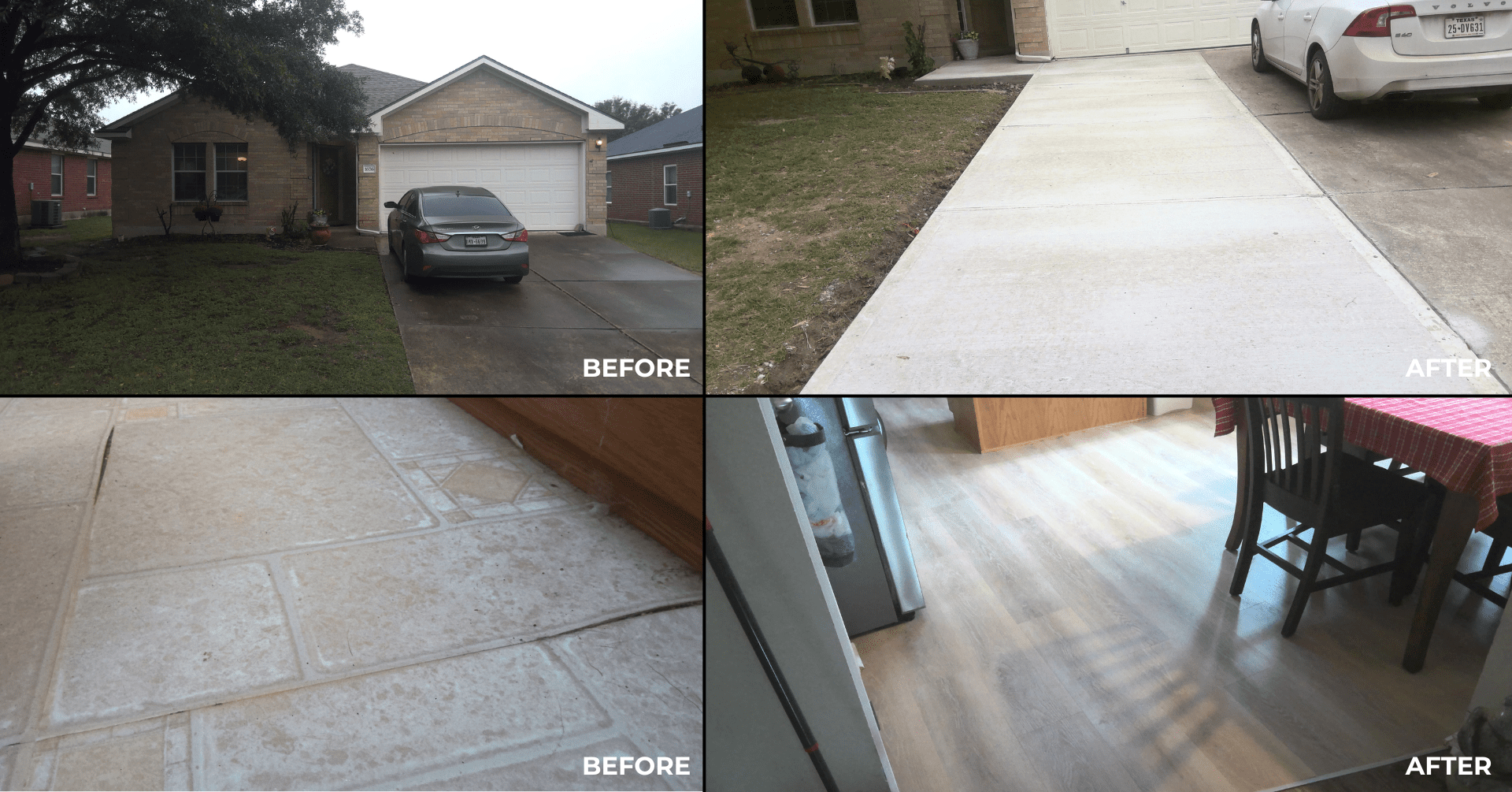 A split image shows "before" and "after" shots: top row is a house with an old driveway versus a new one; bottom row is discolored tile flooring versus new wood-style flooring beside a dining table.