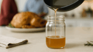 A pan is pouring golden-brown liquid, likely turkey drippings or gravy, into a glass jar on a kitchen counter. In the blurred background, a roasted turkey sits on a plate.