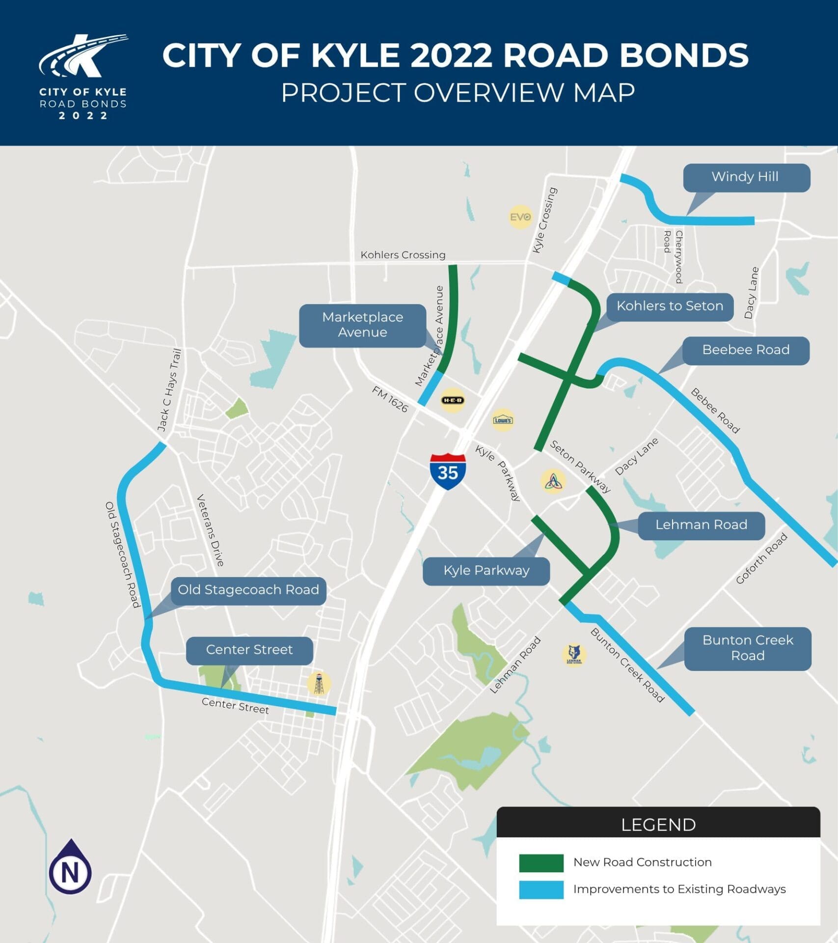 Map of Kyle, Texas showing 2022 road bond projects. Green lines indicate new road construction and blue lines show improvements to existing roads, labeled by name, with a legend and north arrow included.