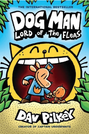 Book cover of "Dog Man: Lord of the Fleas" by Dav Pilkey, featuring cartoon dogs in front of a large yellow cat's open mouth, with a bright blue background and green leaves at the edges.