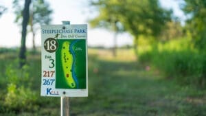 A close-up of a Steeplechase Park disc golf course hole sign showing hole 18, par 3, with distances of 217 and 267 feet. The background features a grassy, tree-lined course under a clear sky.
