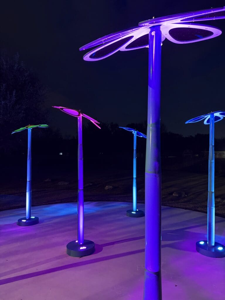 Tall, flower-shaped metal sculptures are illuminated with vibrant purple, blue, and green lights at night, casting colorful glows on the ground as part of the Sky Blooms art installation at Steeplechase Park. 