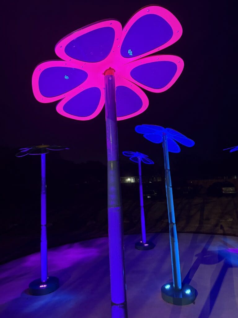 Large flower-shaped sculptures with glowing pink and blue lights stand outdoors at night, illuminating the dark surroundings with vibrant colors as part of the Sky Blooms art installation at Steeplechase Park. 