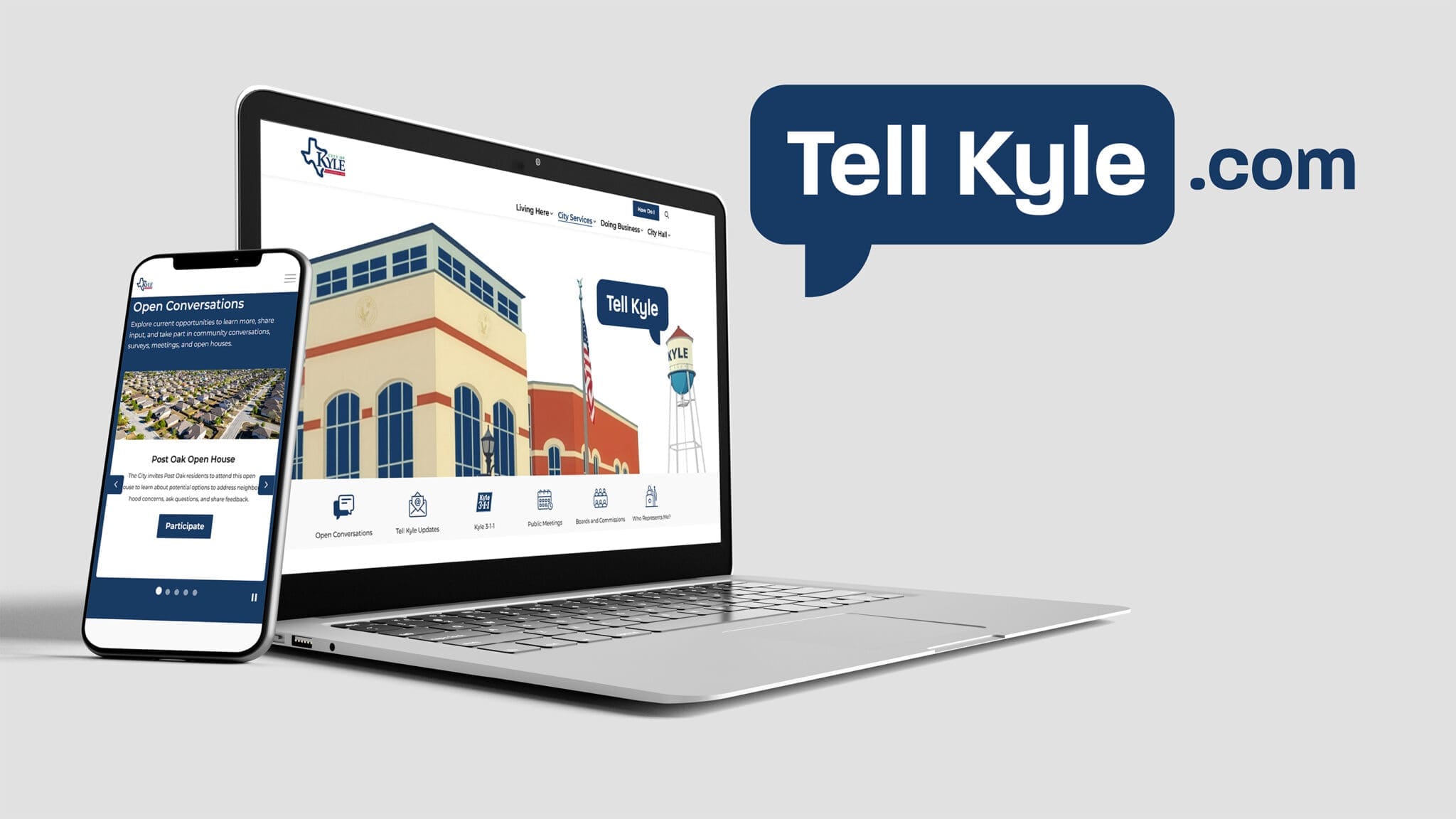 A laptop and smartphone display the “Tell Kyle” website, featuring a building illustration and water tower. A large “Tell Kyle .com” speech bubble appears on the right, all set against a light gray background.