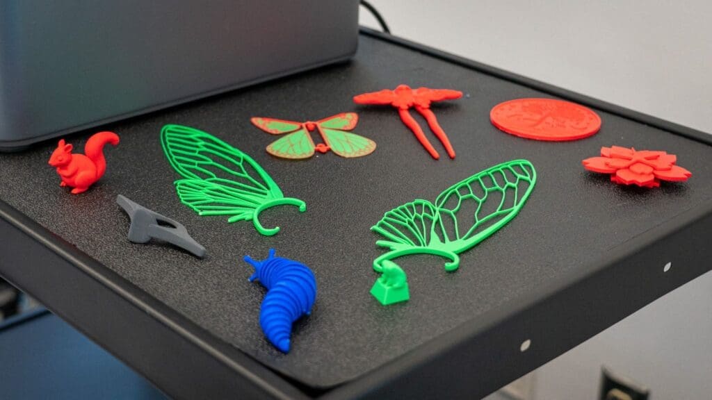 A black tabletop displays colorful 3D-printed objects, including a red squirrel, green insect wings, a butterfly, a snail, a flower, two dragonflies, a coin, and a gray abstract shape.