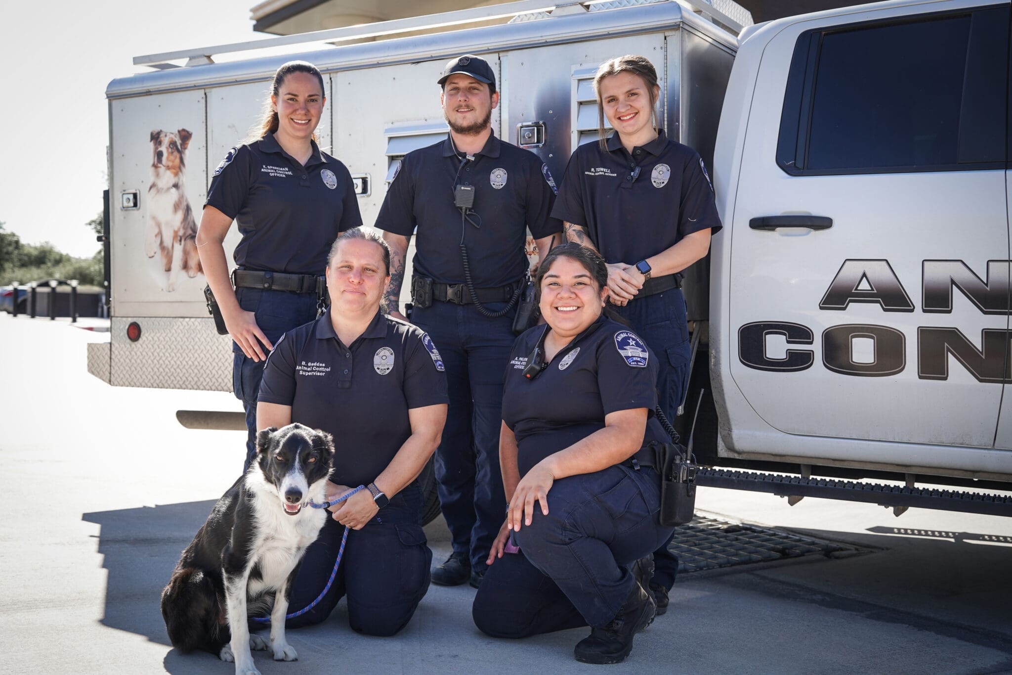 Five animal control officers, four standing and one kneeling with a black and white dog, pose and smile in front of an animal control vehicle on a sunny day.