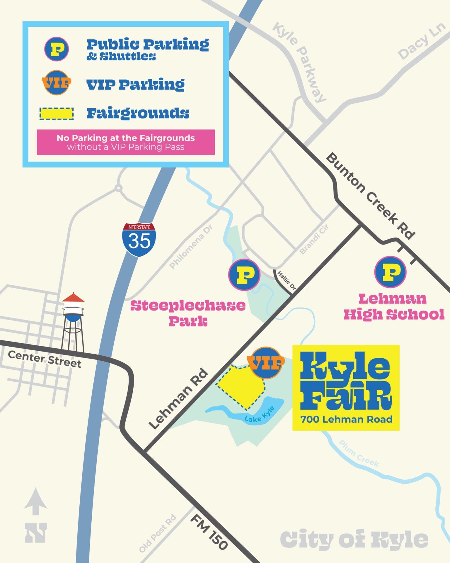 Map of Kyle Fair event showing public parking, VIP parking, and the fairgrounds at 700 Lehman Road. Key landmarks include Steeplechase Park, Lehman High School, and major roads like I-35, Lehman Rd, and Bunton Creek Rd.