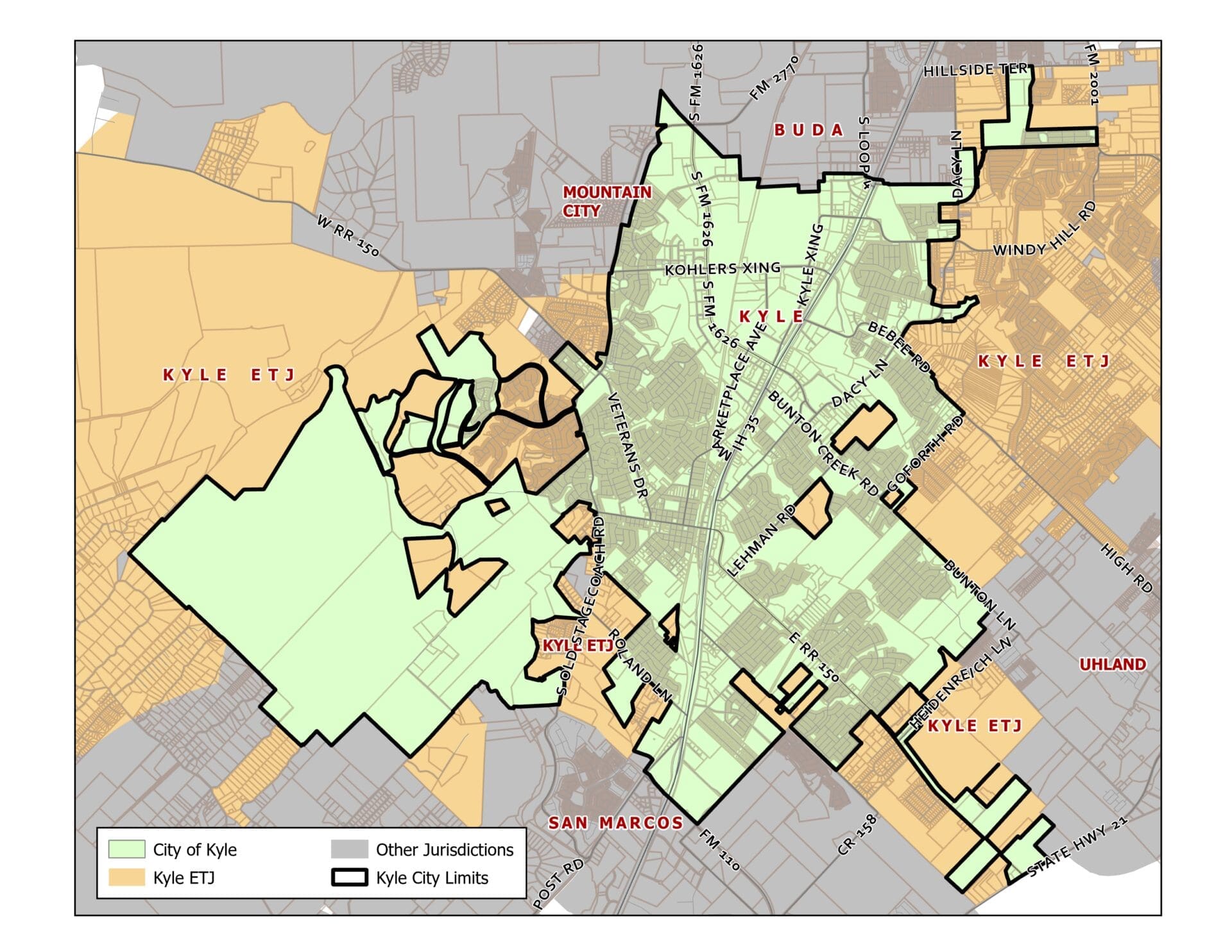 A map showing Kyle's City limits outlined in a light green shade and Kyle's Extra-Territorial Jurisdiction in an orange on the outskirts.
